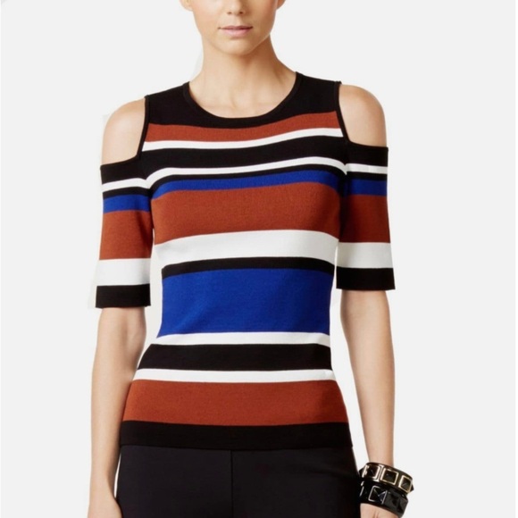 I.N.C. INTERNATIONAL CONCEPTS Black Women's Candy Striped
Cold Shoulder Sweater - Picture 1 of 1